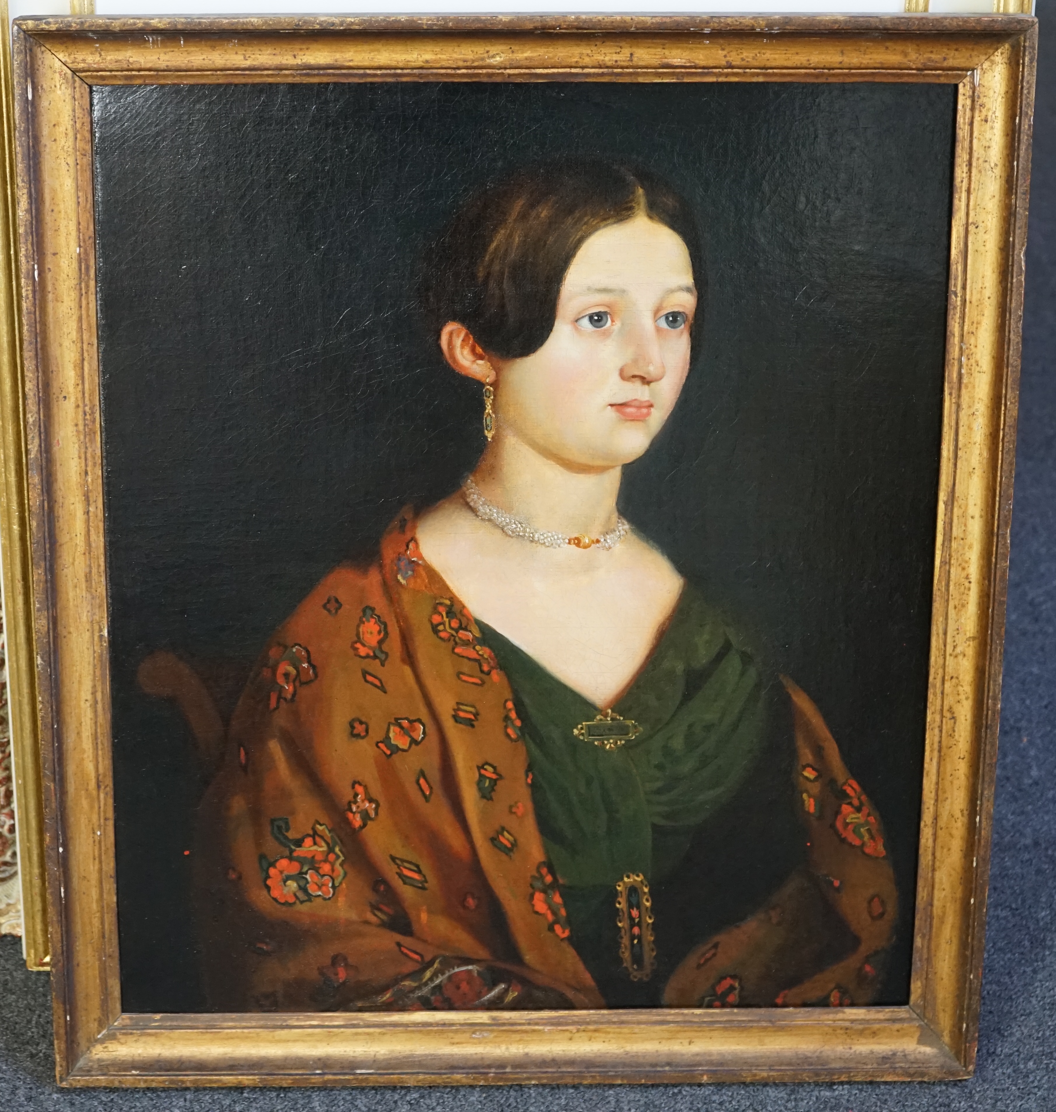 Victorian School , Portrait of a lady wearing a pearl necklace and drop earrings, oil on canvas, 57 x 49cm